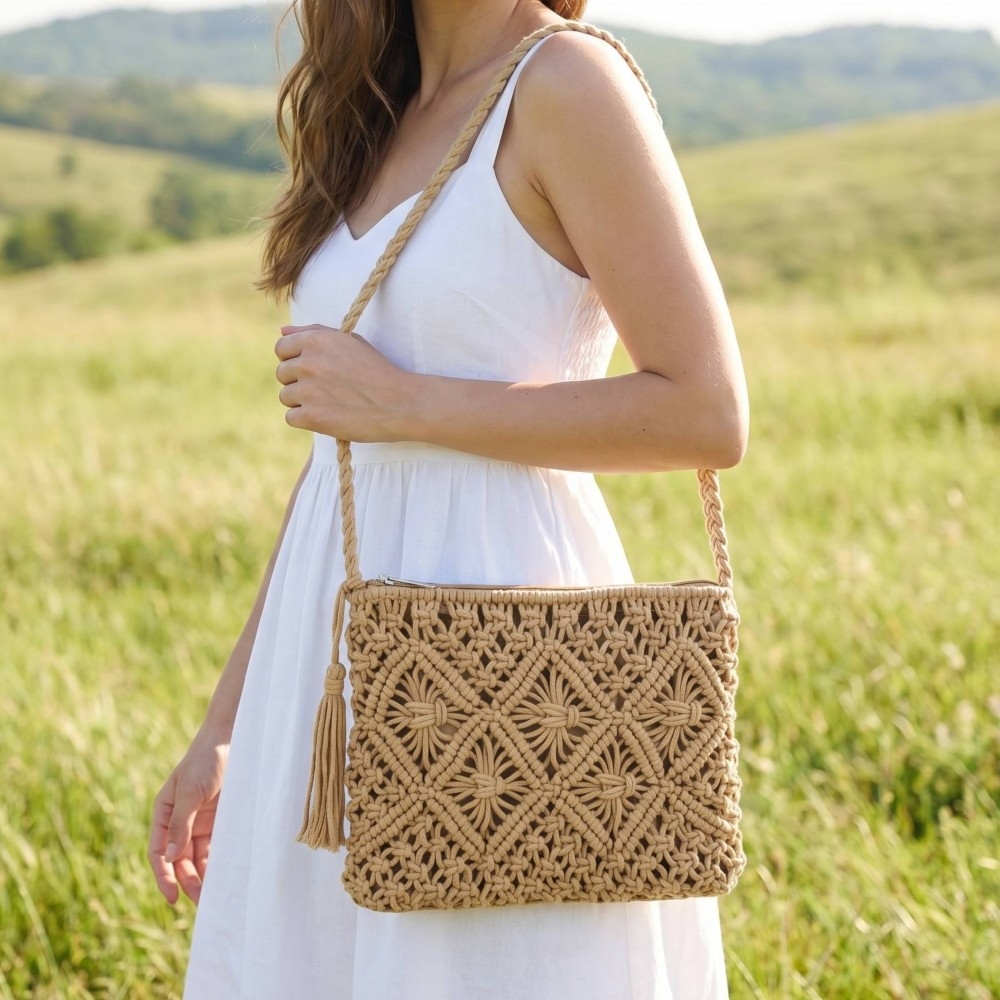 Crocheted Woven Macrame Crossbody Bag
