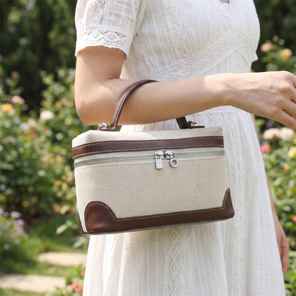 Faux Leather Accent Canvas Boxy Crossbody Bag