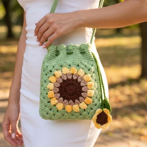 Sunflower Crochet Drawstring Bucket Bag