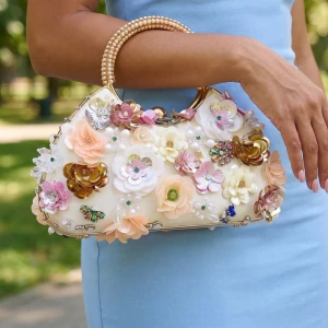 Floral Sequin Frame Top Handle Bag