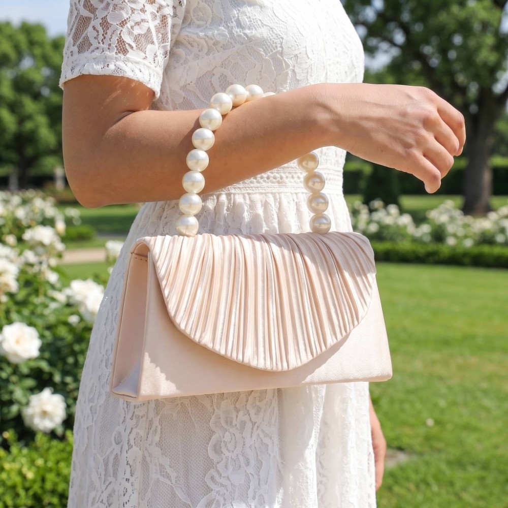 Pleated Flap Pearl Handle Clutch Bag