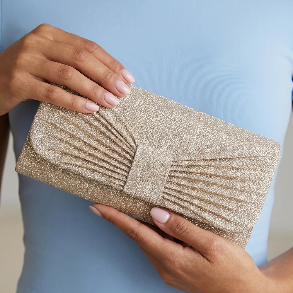 Glitter Bow Pleated Clutch Bag