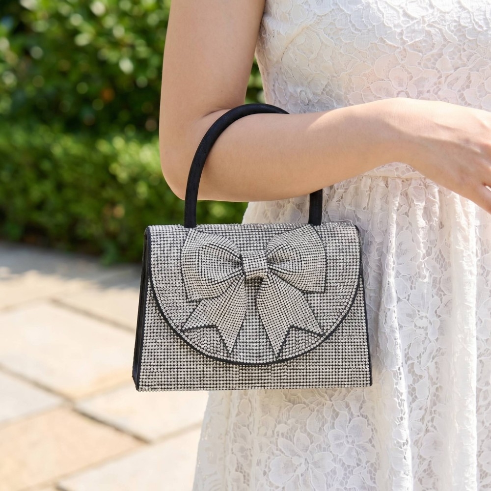 Rhinestone Bow Flap Top Handle Hand Bag