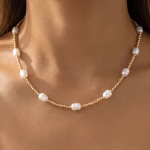 Baroque Pearl Station Ball Bead Necklace