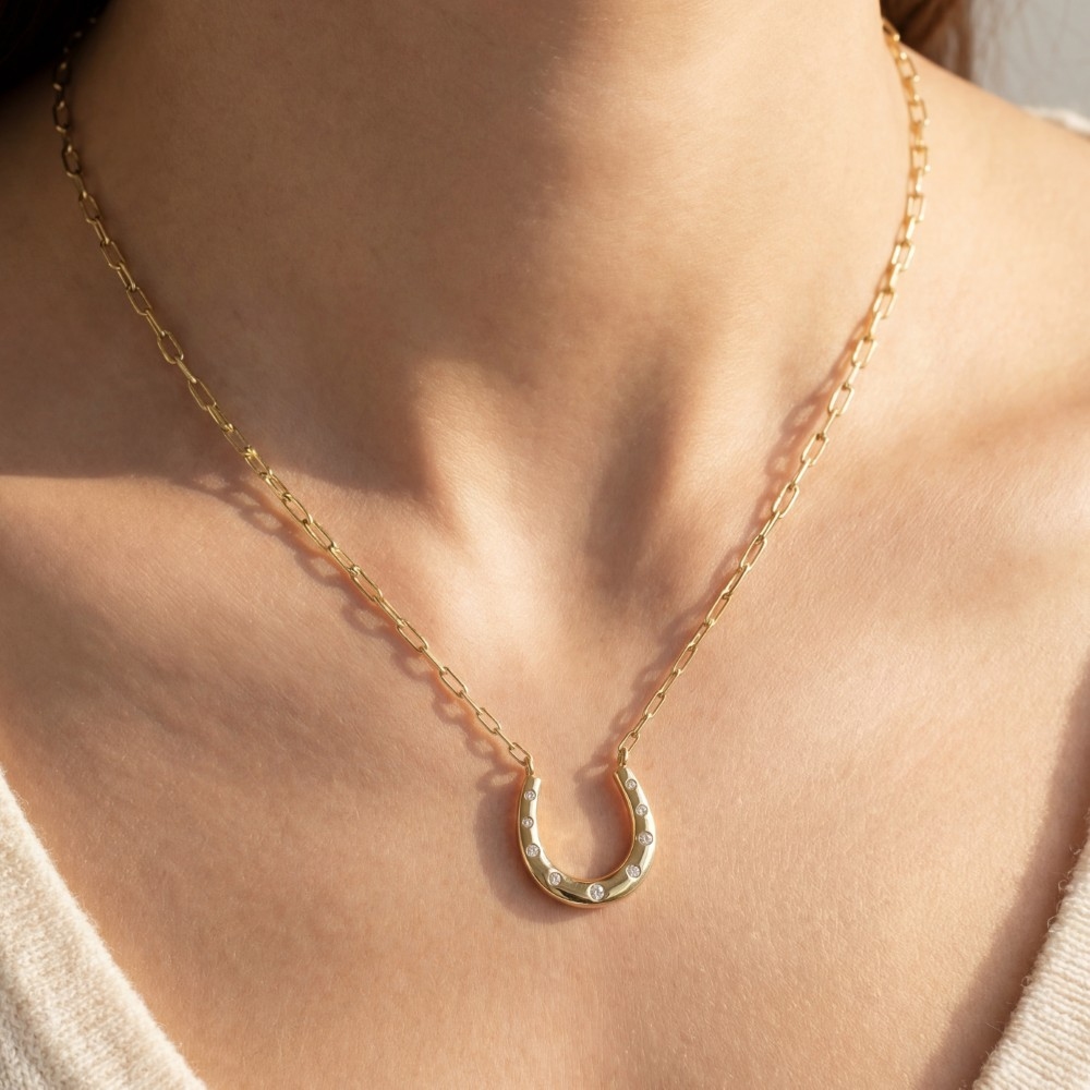 18K Gold Dipped Cz Horseshoe Pendant Necklace