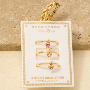 Secret Box Gold Dipped 3Pc Dangle Charms Band Rings Set