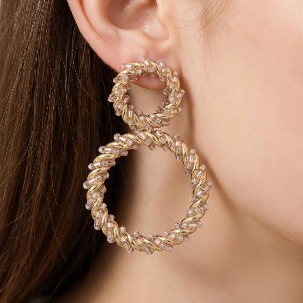 Bead And Wire Metallic Braid Hoops Dangle Earrings