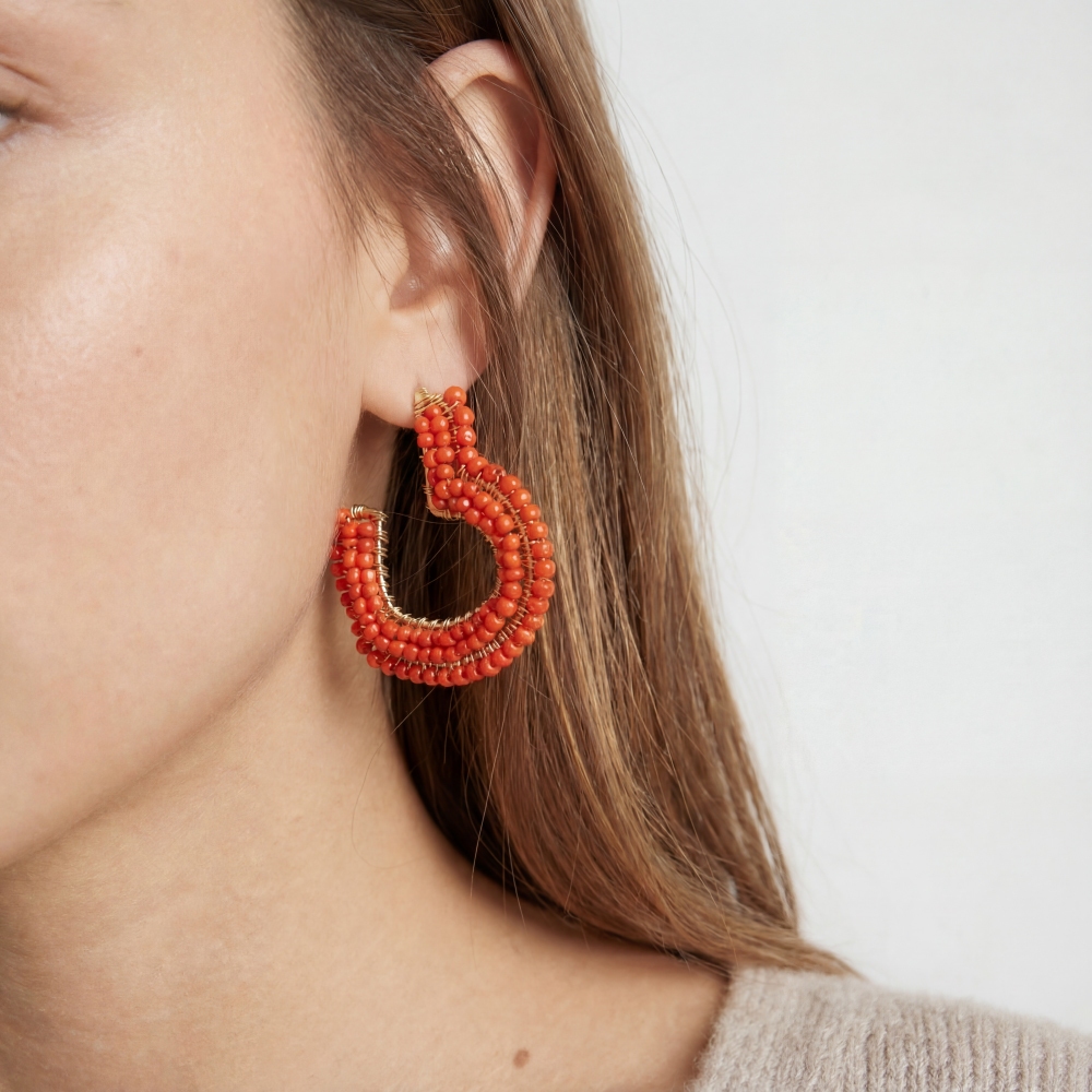 Seed Beaded Heart Hoop Earrings