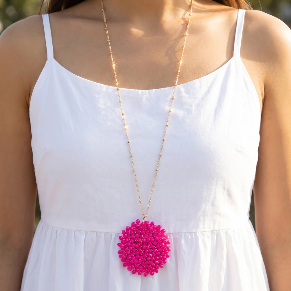 Glass Bead Cluster Pendant Long Chain Necklace