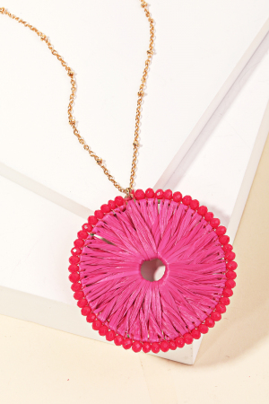 Raffia Circle Disc Pendant Long Necklace