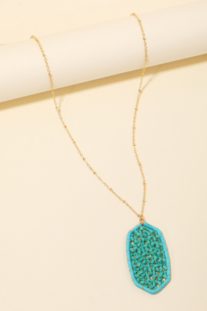 Oval Seed Beaded Net Pendant Long Necklace