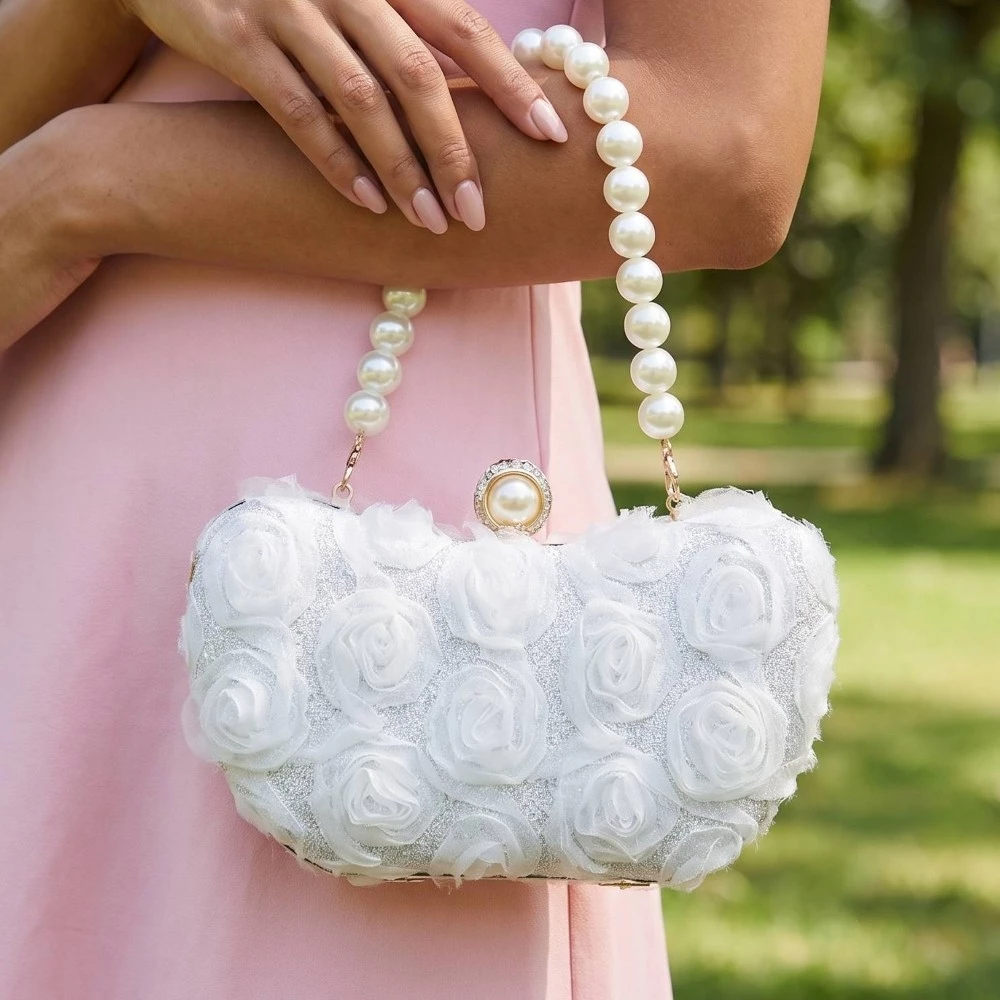 Rosette Pearl Handle Evening Clutch