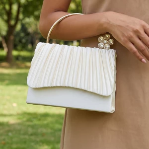 Pleated Glitter Flower Charm Top Handle Bag