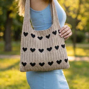 Heart Knit Slouchy Shoulder Tote Bag