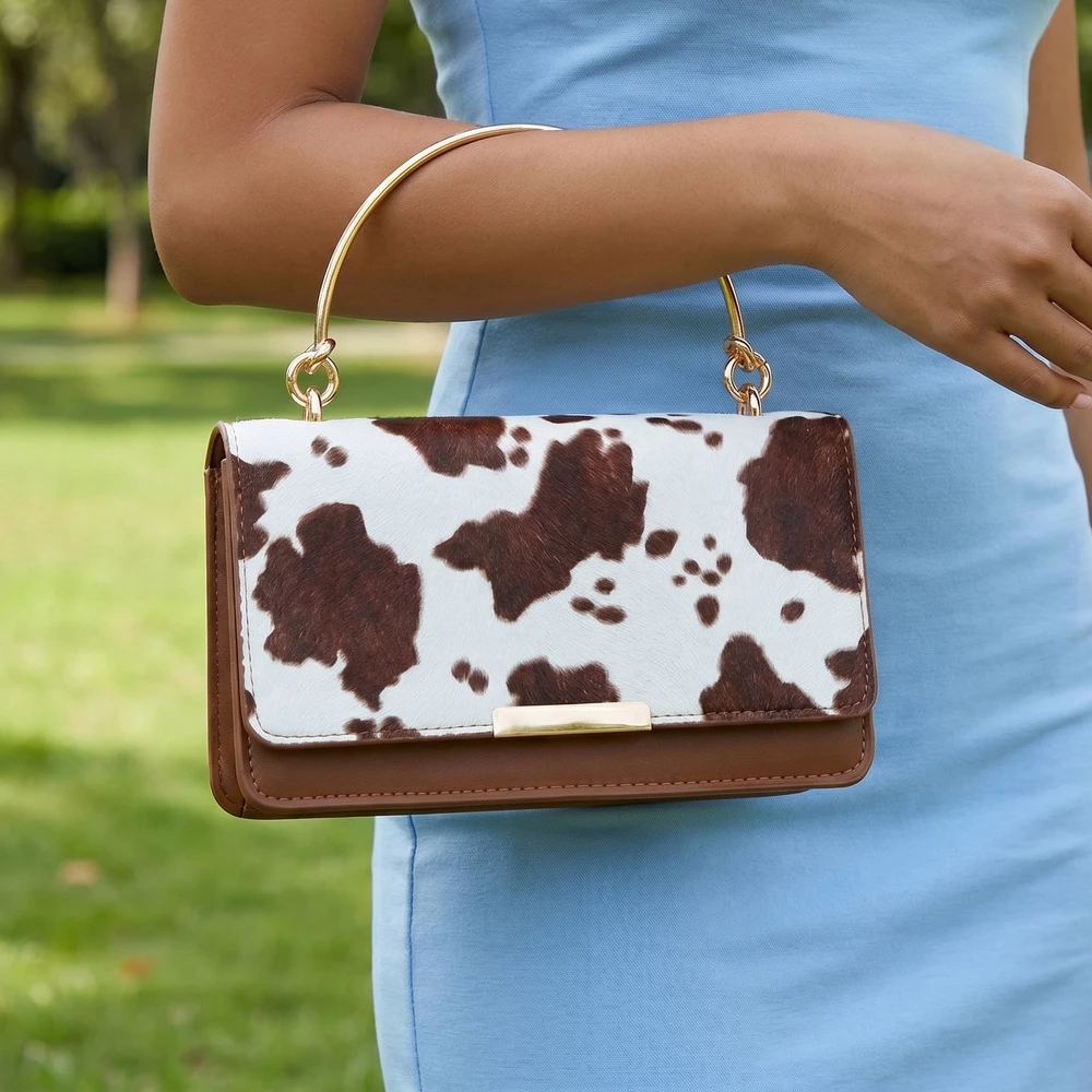Cow Print Ring Handle Top Handle Bag