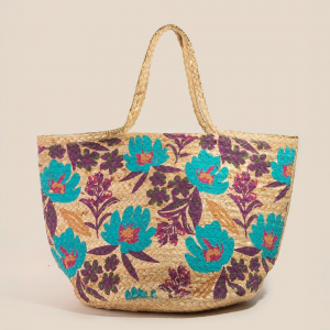 Colorful Floral Pattern Wide Jute Tote Bag