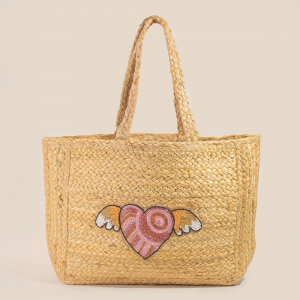 Seed Beaded Angel Heart Jute Tote Bag