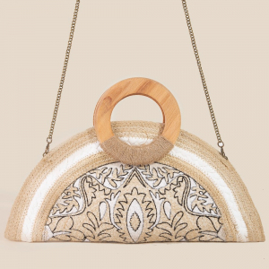 Filigree Pattern Jute Half Circle Hand Bag