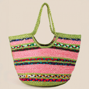 Vibrant Pink And Green Jute Tote Bag