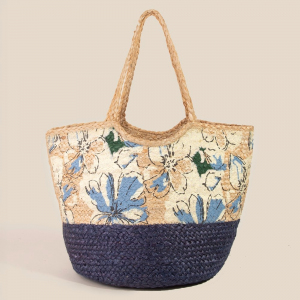 Two Tone Floral Print Jute Tote Bag