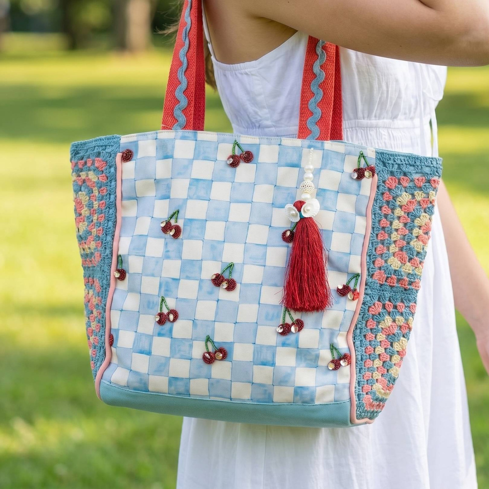 Checkerboard Cherry Bead Crochet Panel Tote Bag