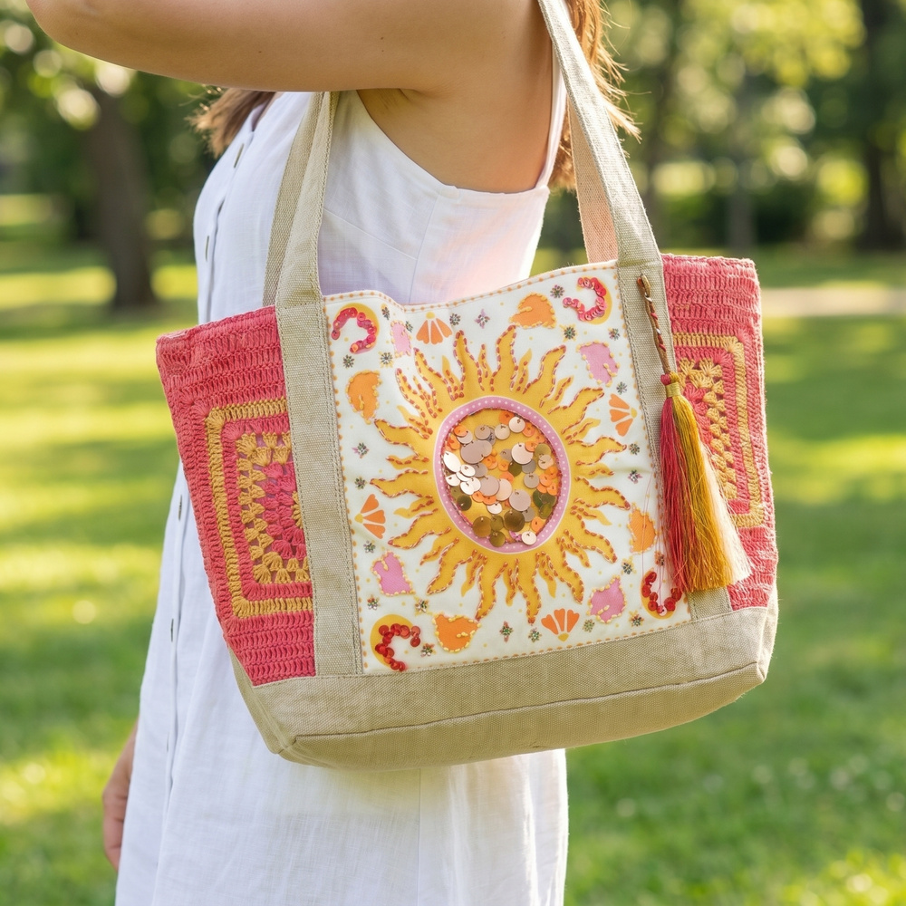Sequin Sun Embroidered Crochet Panel Tote Bag