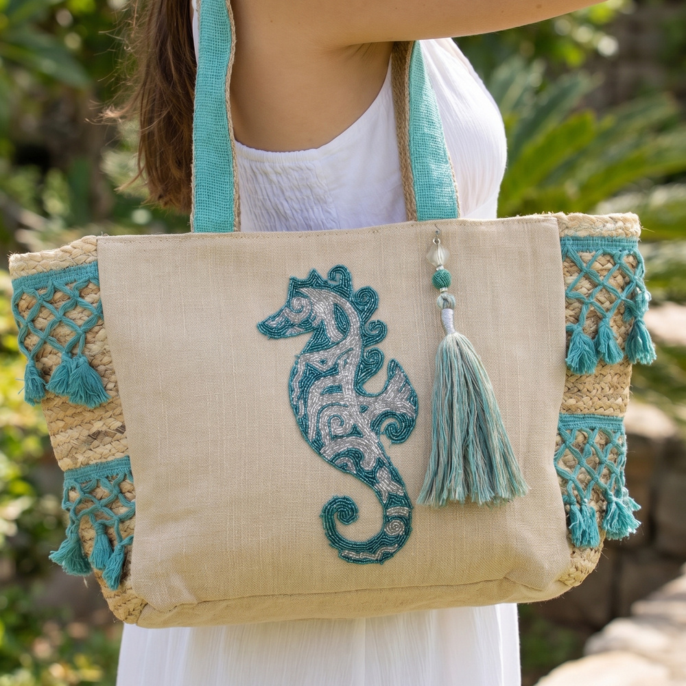 Seahorse Embroidered Jute Fringe Panel Tote Bag