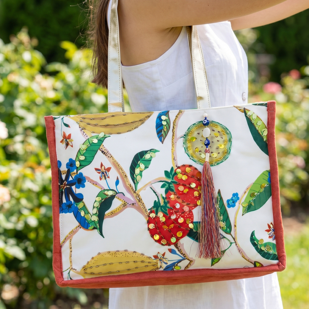 Botanical Print Sequin Embellished Canvas Tote Bag