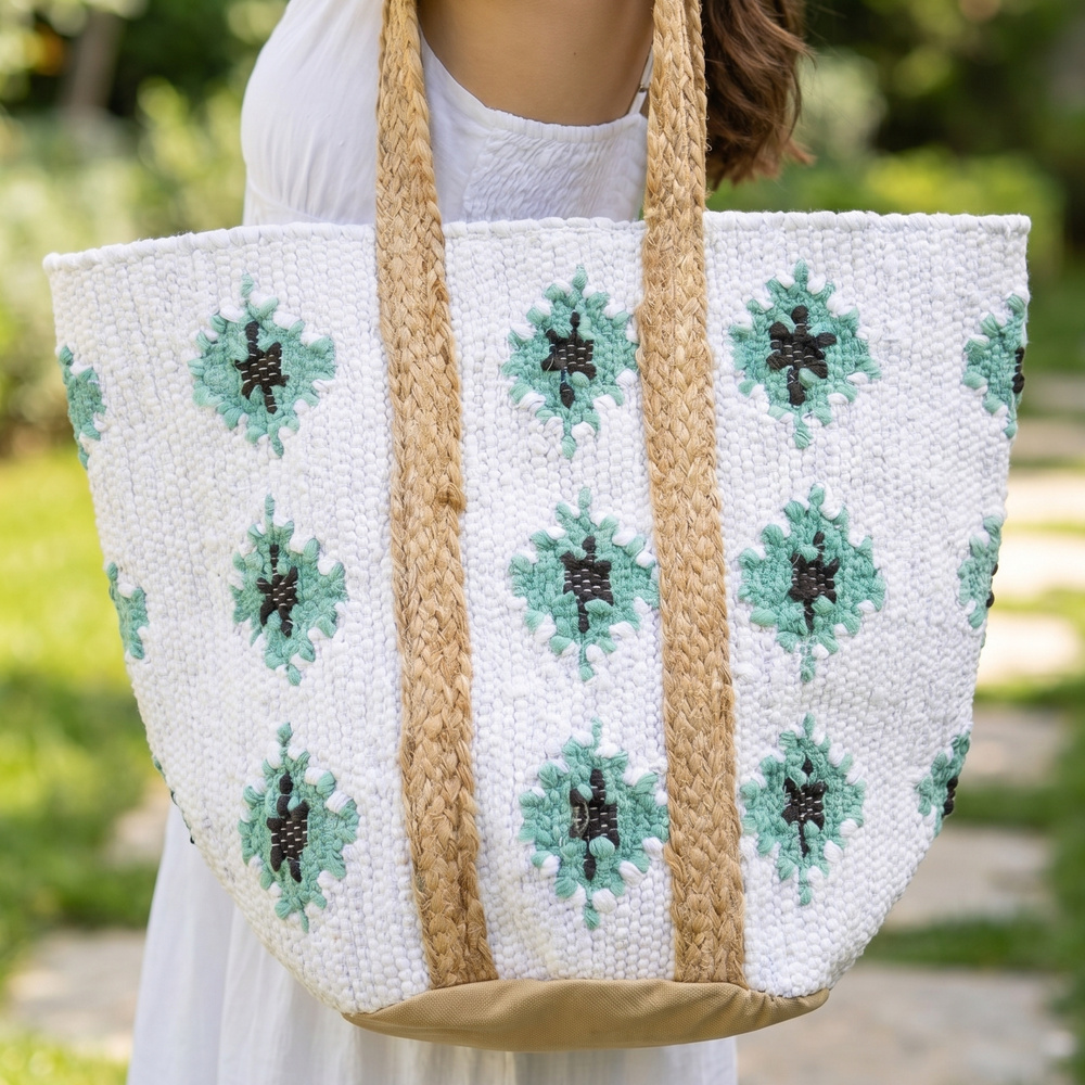 Medallion Geometric Knit Jute Tote Bag
