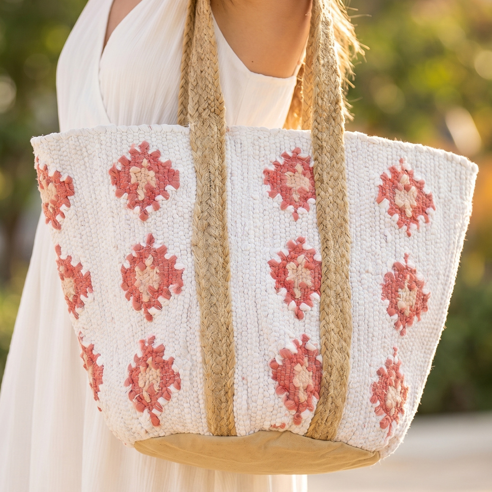 Floral Medallion Woven Knit Jute Tote Bag