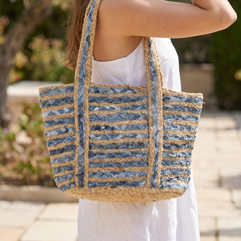 Woven Jute Denim Stripe Panel Tote Bag