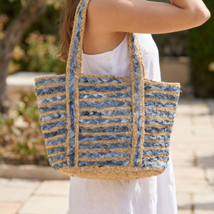 Woven Jute Denim Stripe Panel Tote Bag