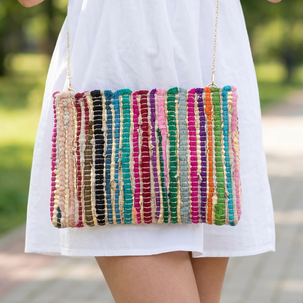 Woven Metallic Stripe Wristlet Clutch Bag