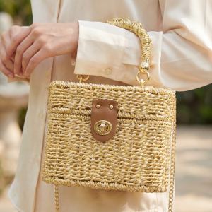 Metallic Woven Straw Top Handle Box Bag