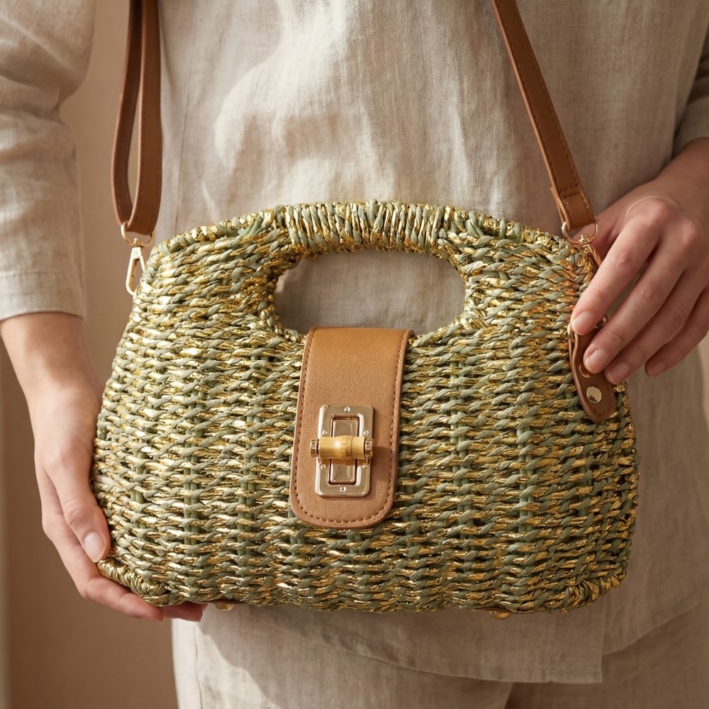 Two Tone Straw Woven Handbag