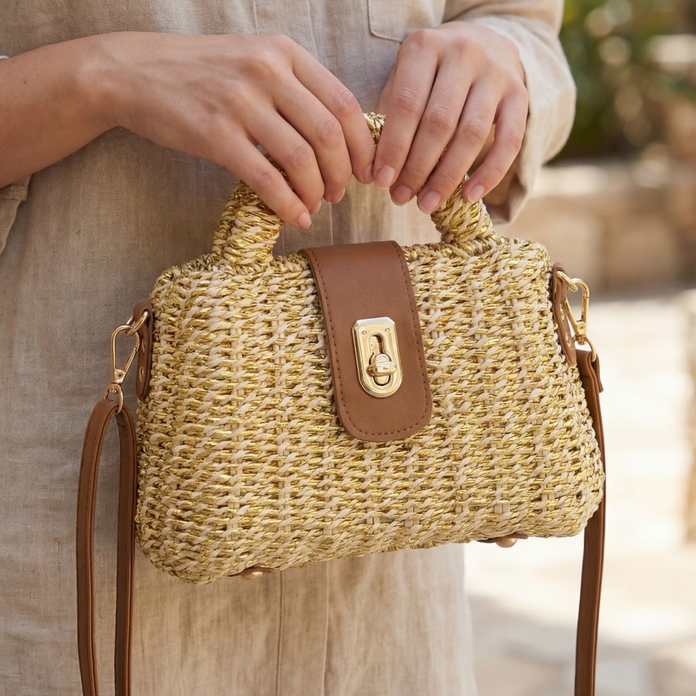 Woven Straw Turn Lock Top Handle Handbag