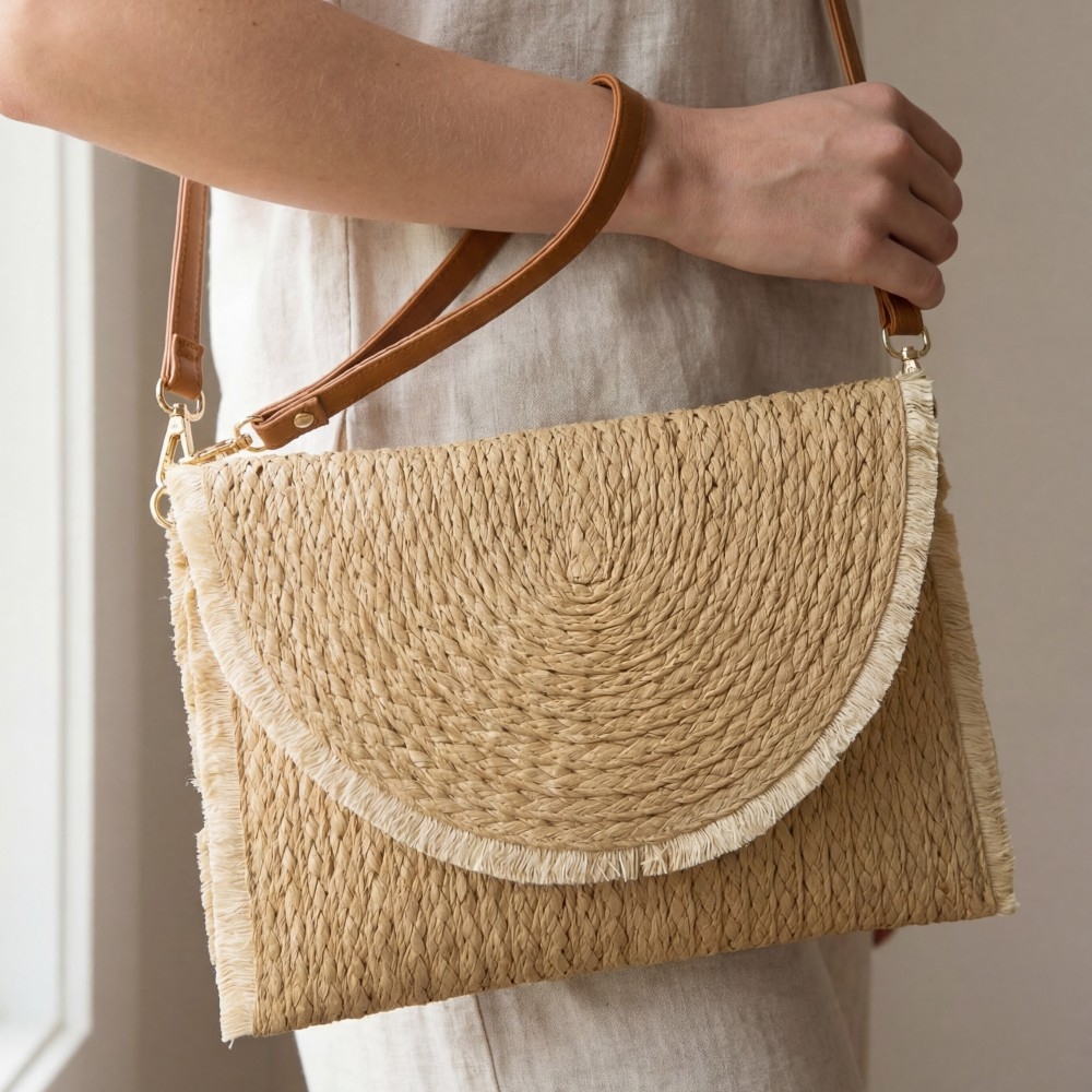 Fringed Trim Straw Clutch Bag