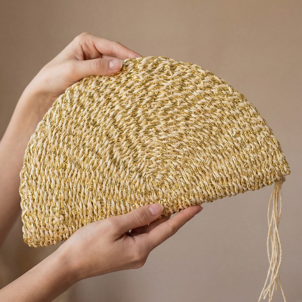 Metallic Straw Woven Half Moon Clutch Bag
