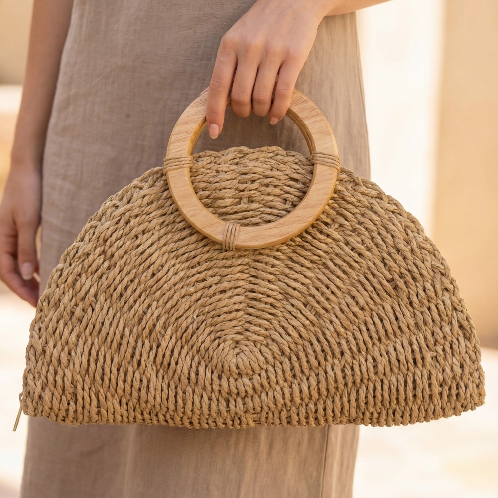 Straw Woven Half Moon Round Top Handle Bag