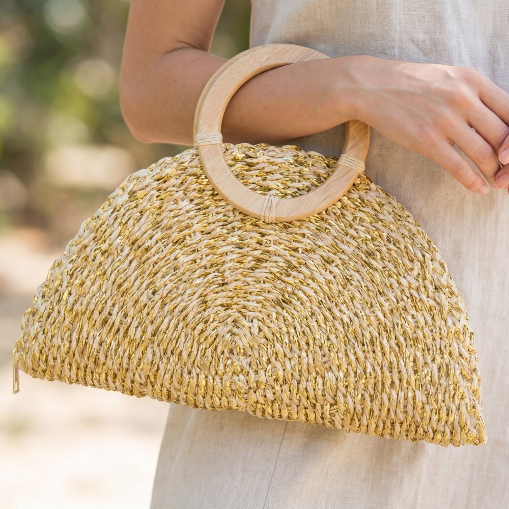 Metallic Straw Woven Half Moon Round Handle Bag