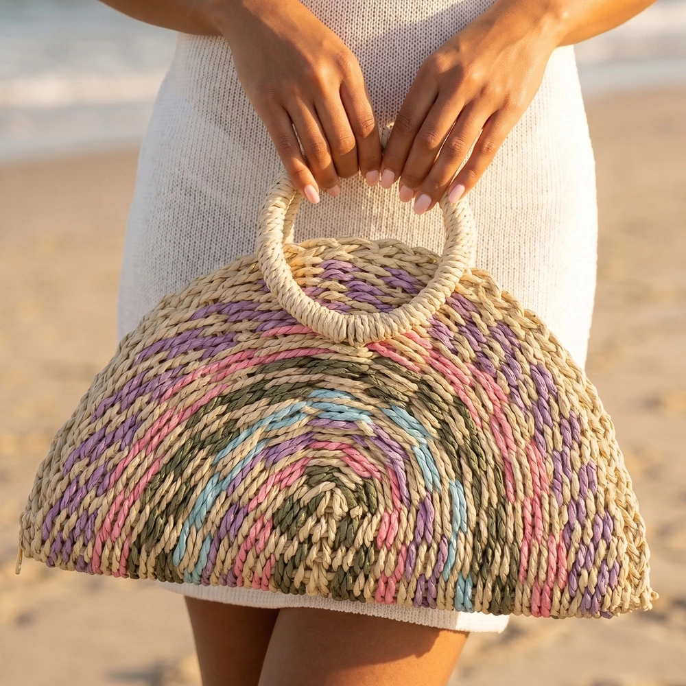 Woven Straw Round Handle Tote Bag