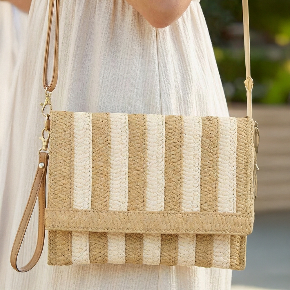 Two Tone Striped Straw Clutch Bag