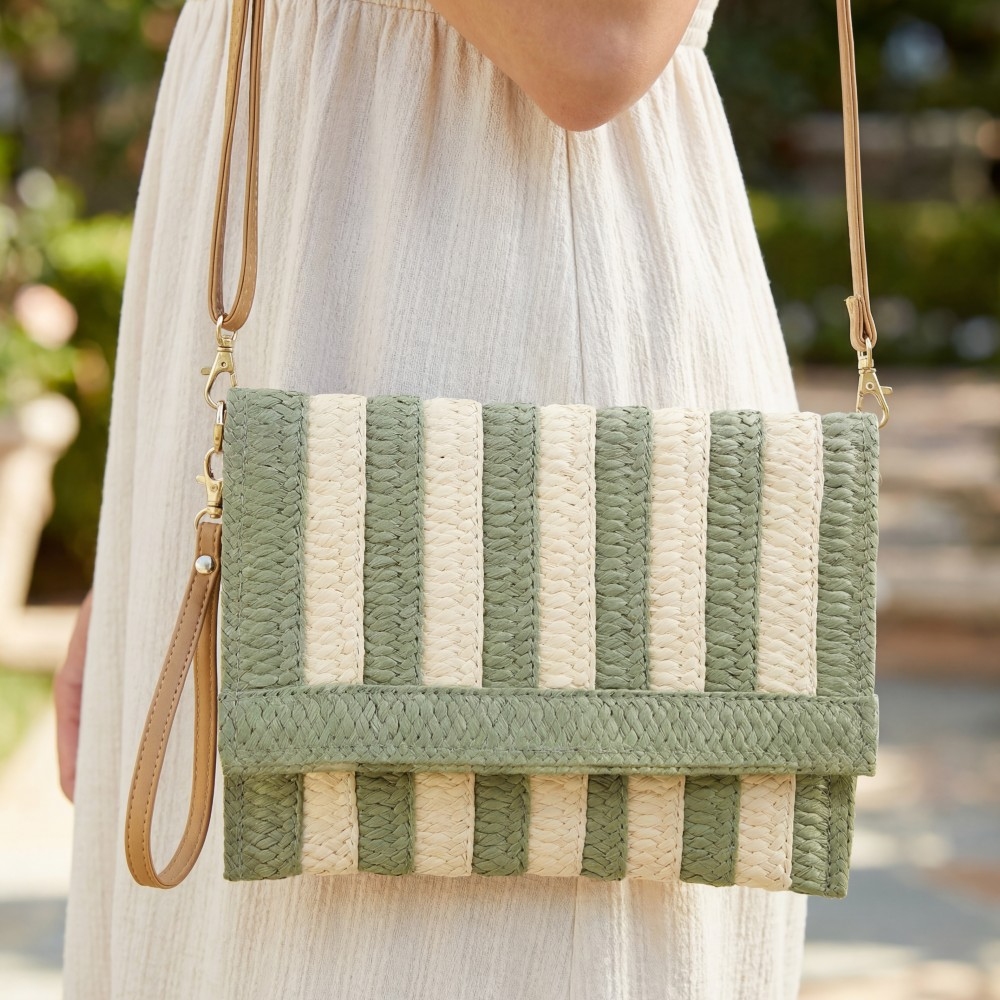 Two Tone Striped Straw Clutch Bag