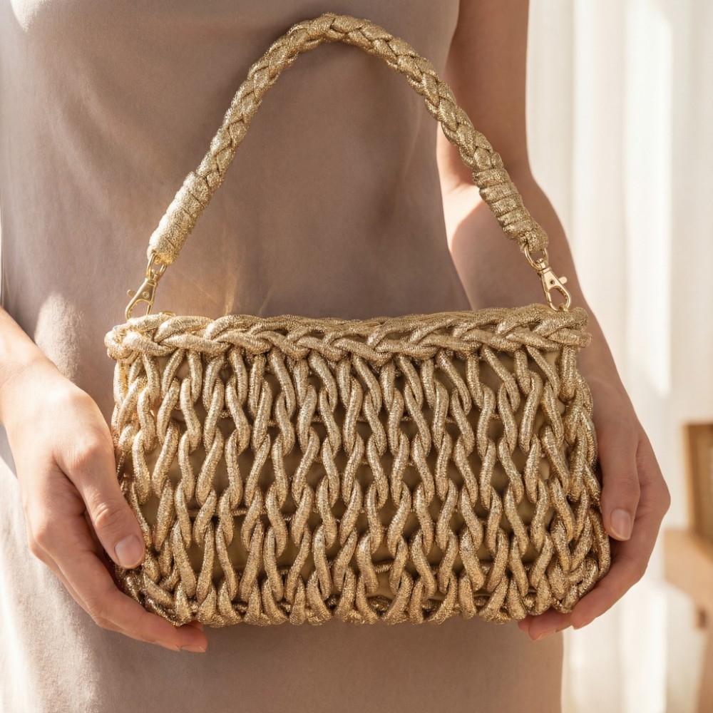 Glamorous Metallic Knotted Rope Woven Shoulder Bag
