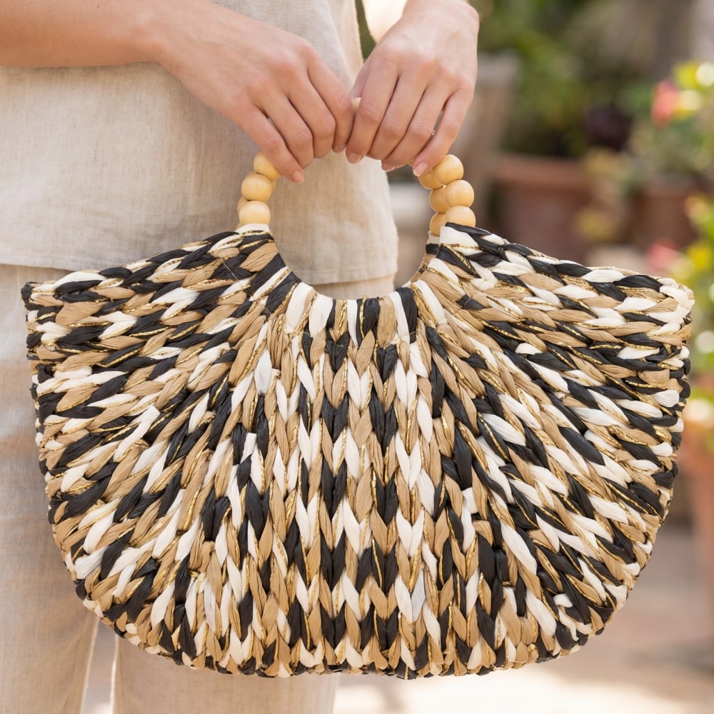 Straw Braided Half Moon Round Handle Tote Bag