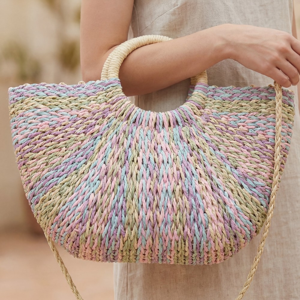 Multi Tone Straw Half Moon Round Handle Tote Bag