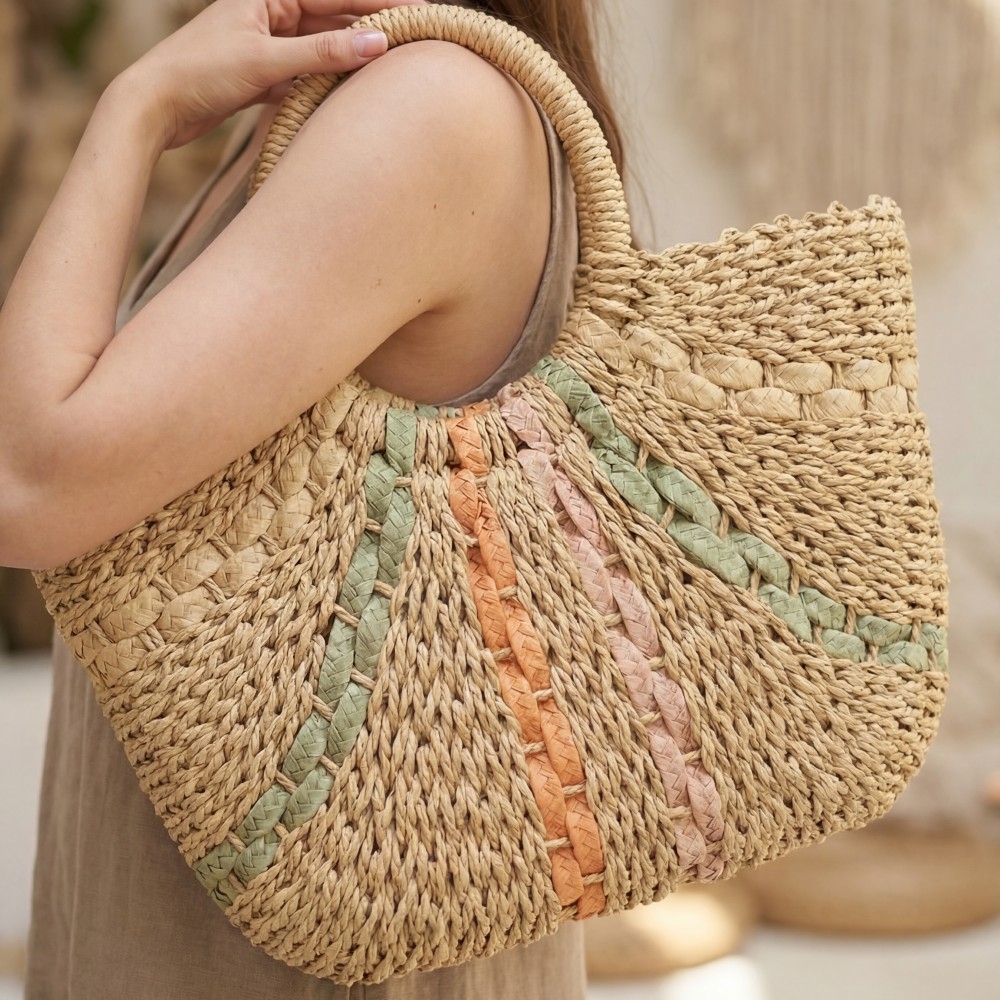 Striped Straw Weave Round Rope Handle Tote Bag