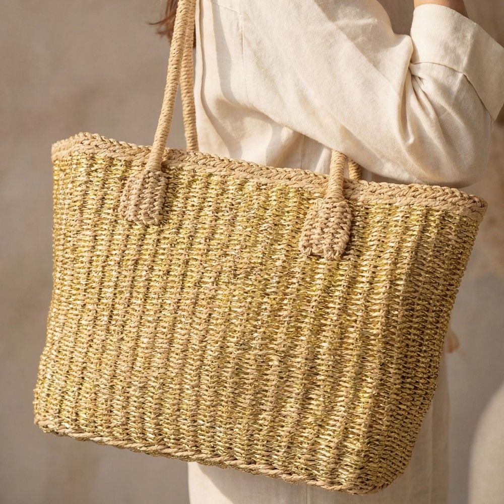 Gold Accent Straw Weave Square Tote Bag