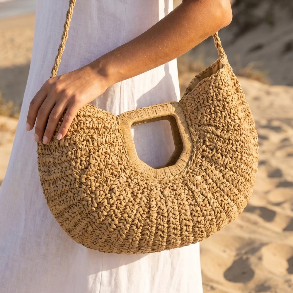 Square Handle Crochet Crescent Shoulder Bag