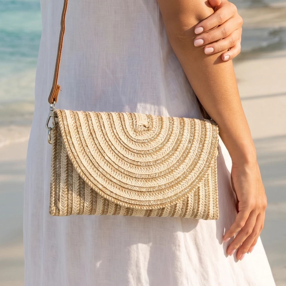 Nested Arch Metallic Straw Clutch Bag